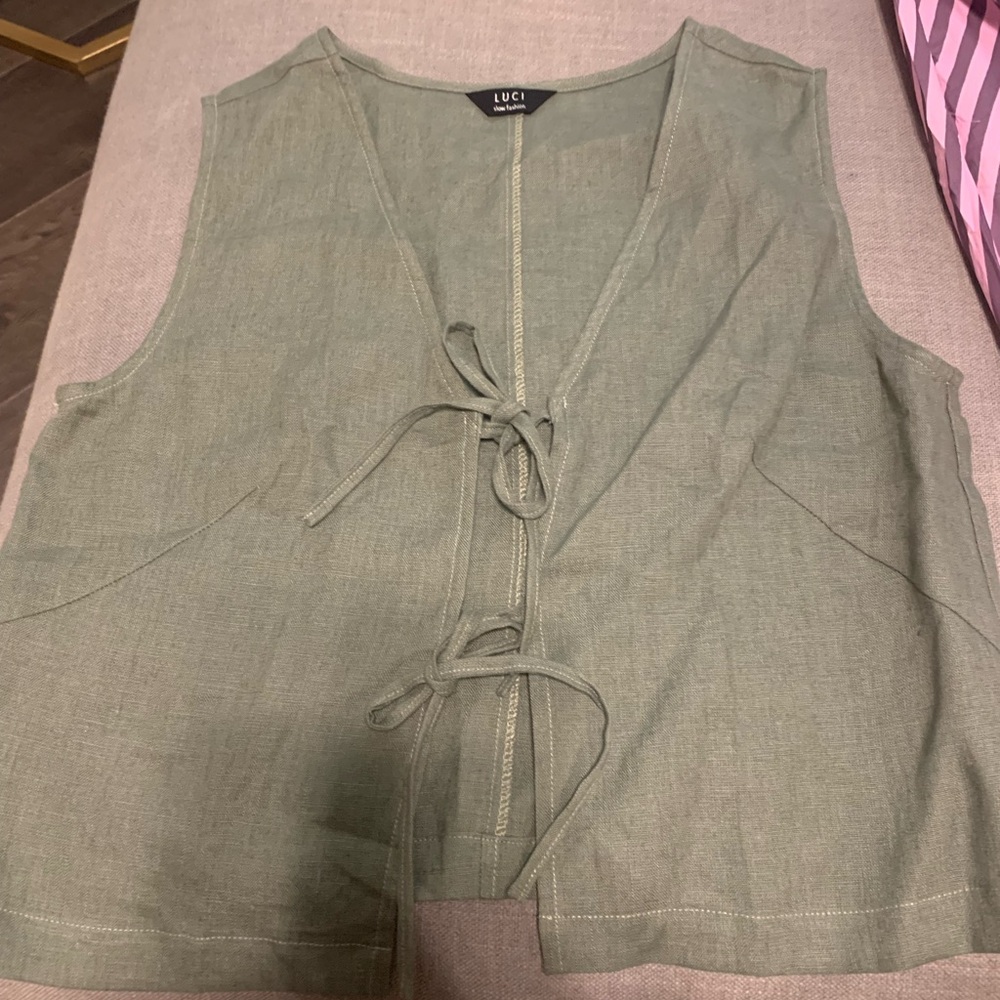 Olive Green linen Tie-Front Sleeveless Top